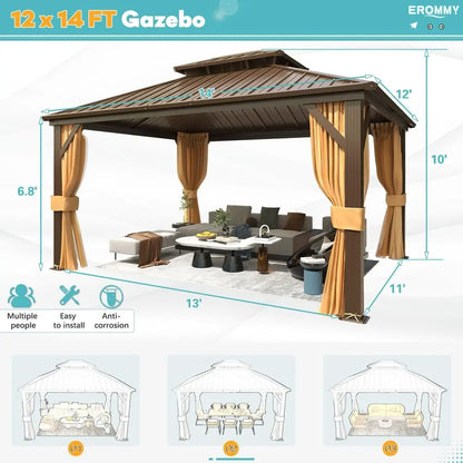 12x14 Gazebo Hardtop, Galvanized Steel Double Roof Metal Gazebo with Aluminum Frame, Permanent Outdoor Pavilion with Curtain an