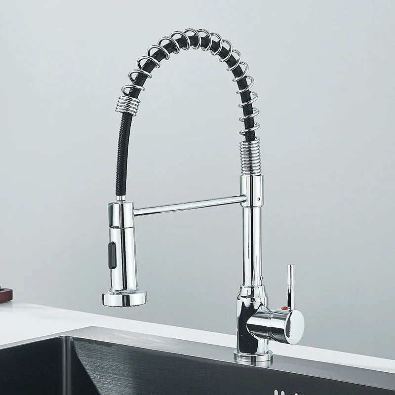Black Flexible Kitchen Faucet Pull Down Spring Nozzle