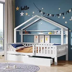 TWIN SIZE WOODEN BED W/STORAGE DRAWERS & SHELF