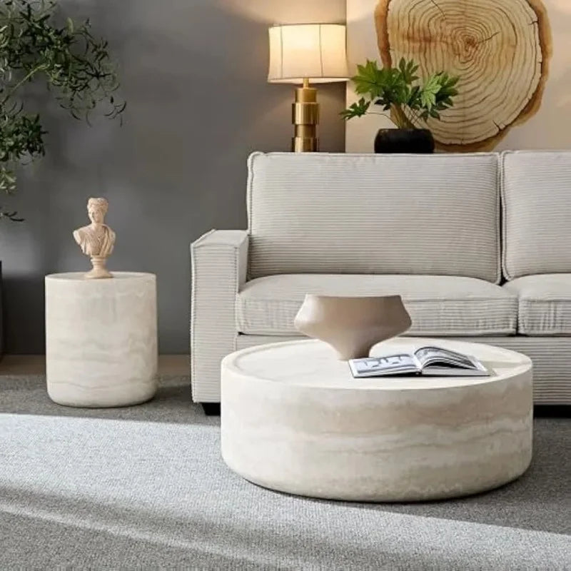 Set of 2 - ROUND TEXTURED TRAVERTINE ACCENT TABLES