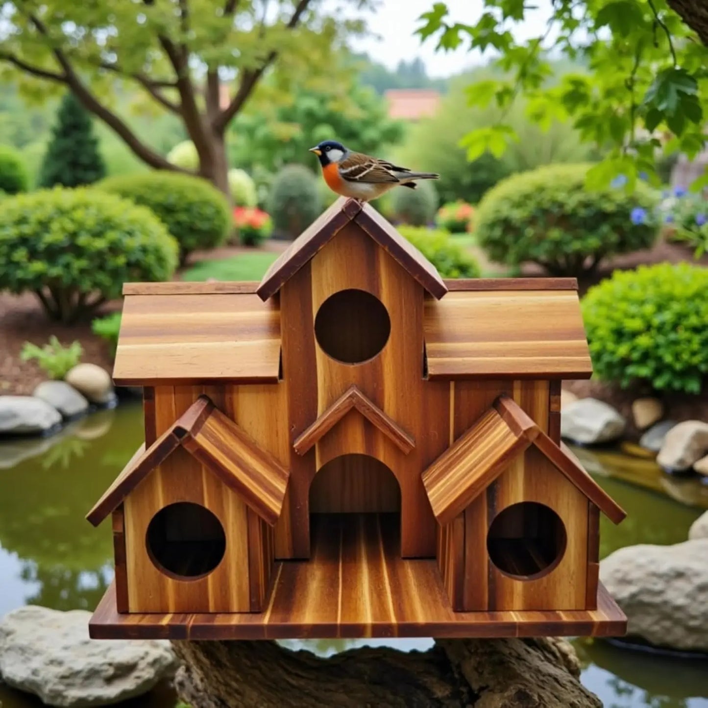 6-HOLE - HANDMADE OUTDOOR WOODEN WILD BIRD HOUSE DECORATION
