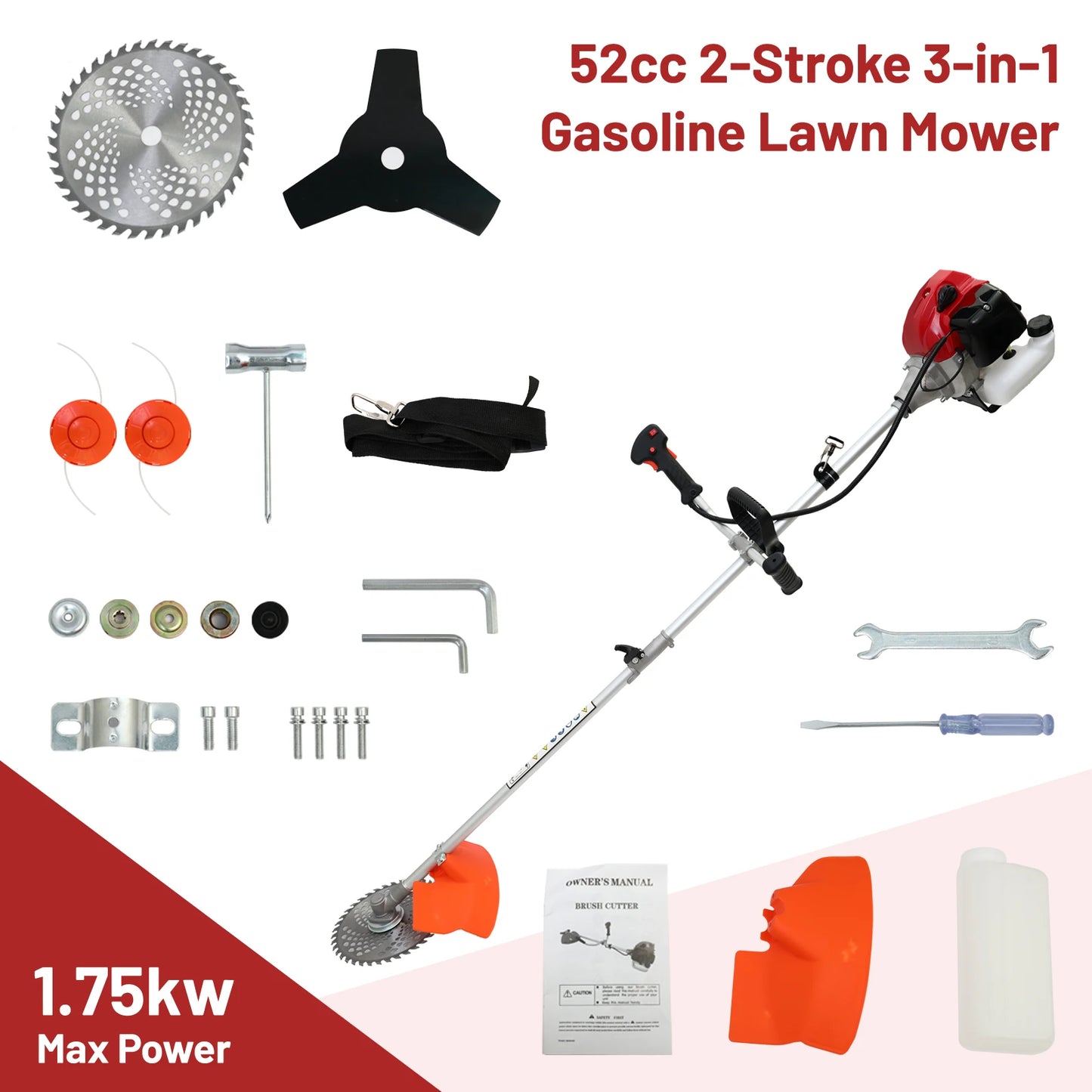 52cc, 2-Stroke - 4-in-1  Straight Shaft Weed Wacker/Weed Eater Trimmer