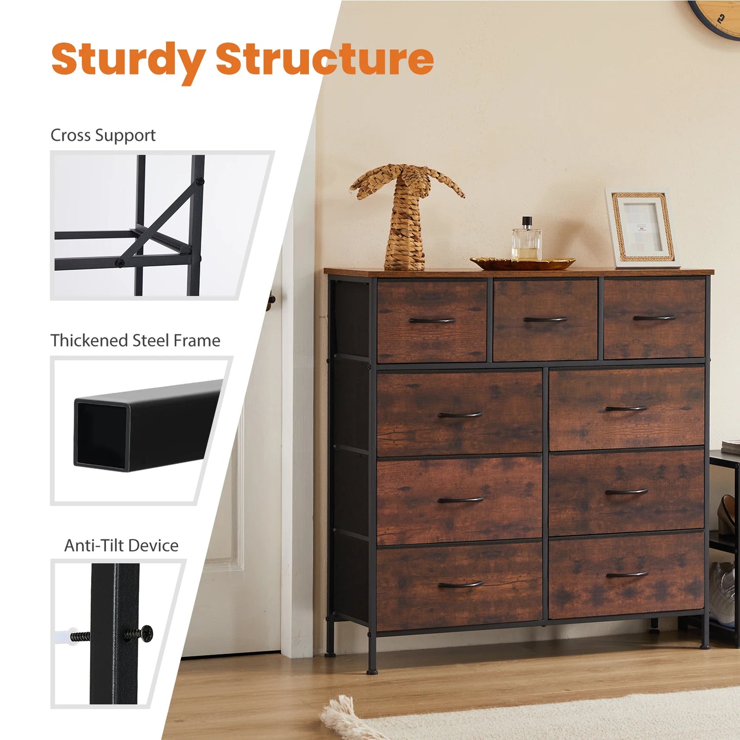 TALL CHEST DRESSER W/9 FABRIC STORAGE DRAWER, WARDROBE
