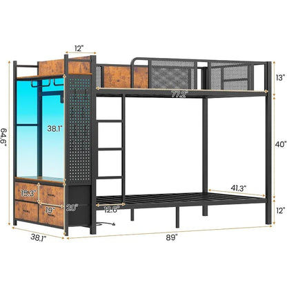 Metal Bunk Bed, Twin Over Twin, W/Hall Tree