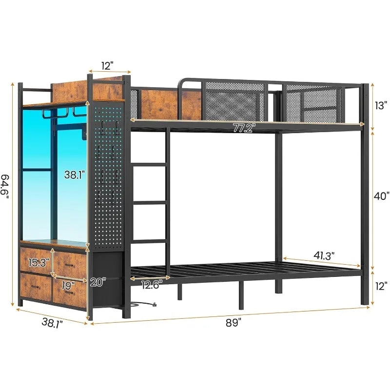 Metal Bunk Bed, Twin Over Twin, W/Hall Tree