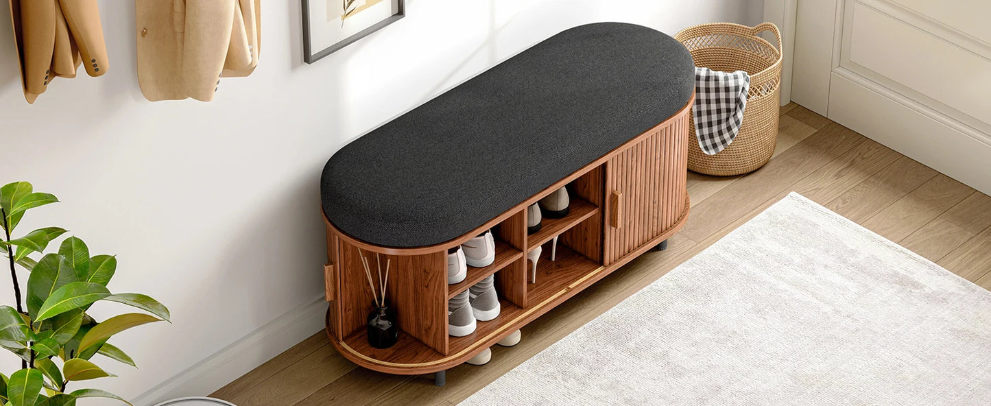 43.3in - SHOE STORAGE BENCH ORGANIZER W/STORAGE SHELVES & REMOBVhoe Storage Bench, 3 Tier Shoe Rack Bench Organizer with Storage, Cushion and Sliding Door Removable
