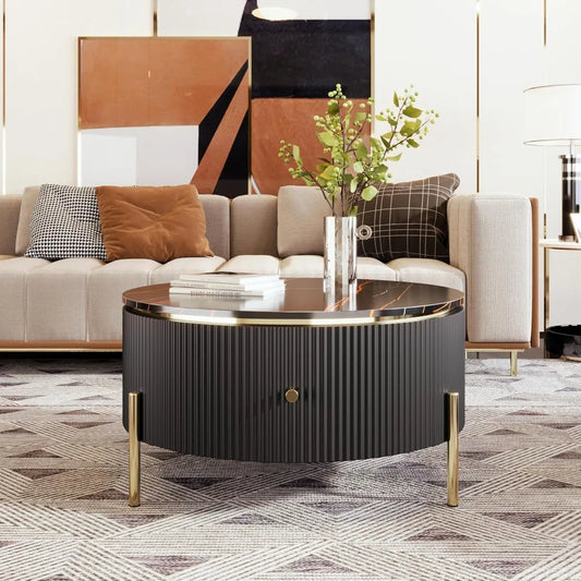 16.7in x 31.5in - MODERN ROUND ACCENT COFFEE TABLE W/2-LARGE DRAWERS