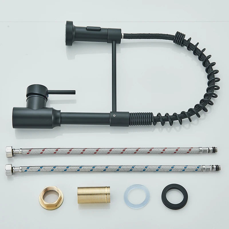 Black Flexible Kitchen Faucet Pull Down Spring Nozzle