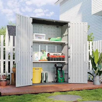 51.96in x 74.8in x 28.34in - RESIN OUTDOOR STORAGE SHED W/METAL SHELF & FLOOR KIT