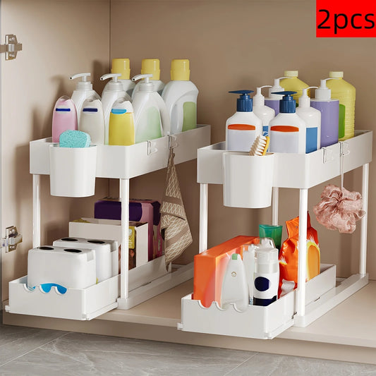 2Pcs 2-Tier- DOUBLE LAYER SLIDING UNDER SINK PULL-OUT ORGANIZER