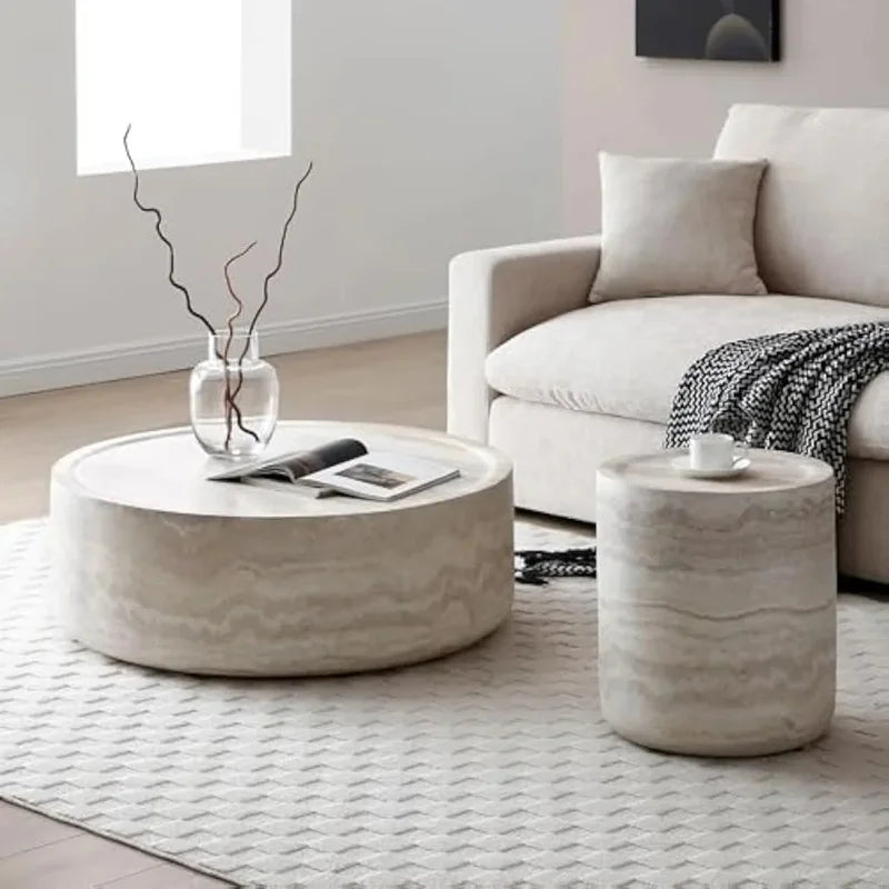 Set of 2 - ROUND TEXTURED TRAVERTINE ACCENT TABLES