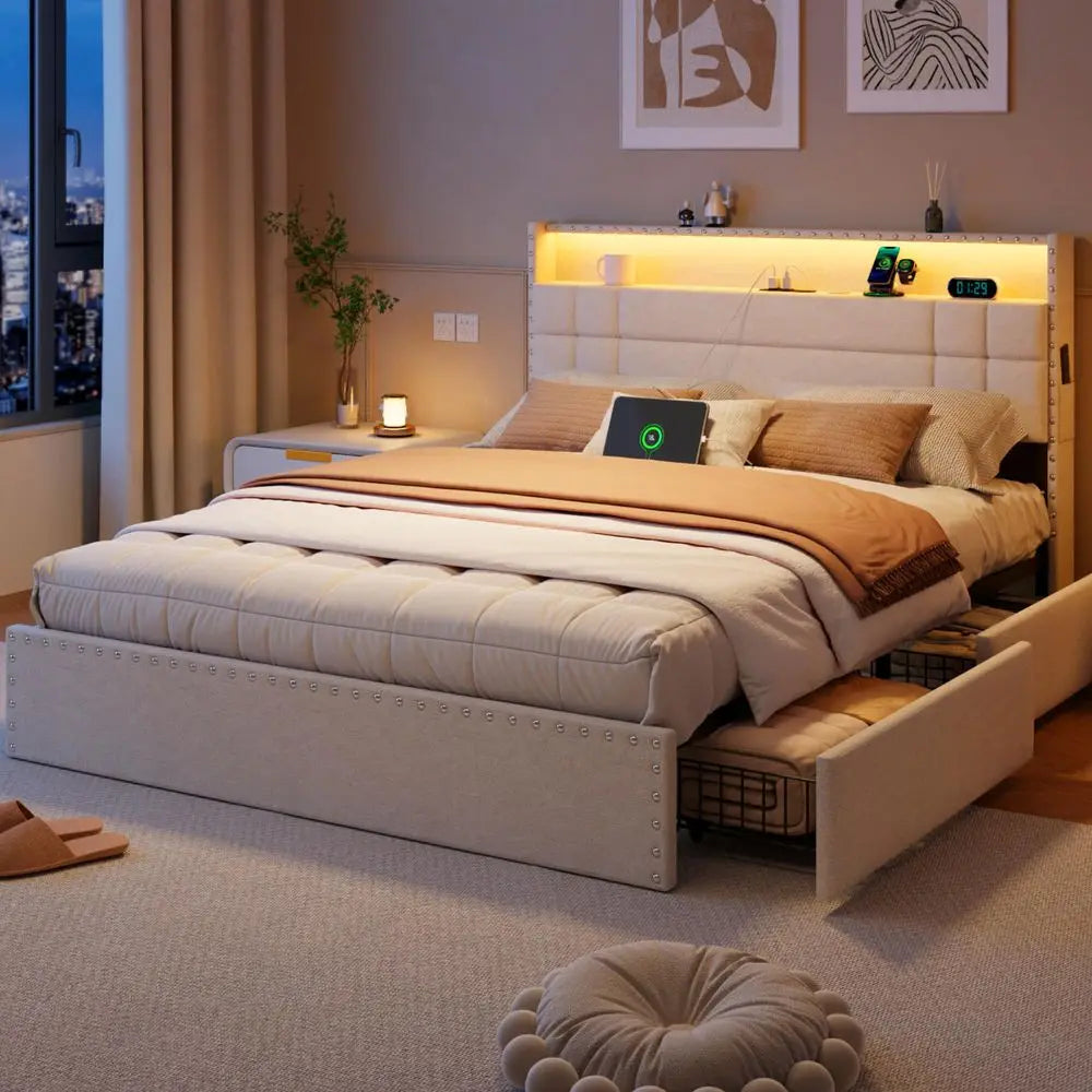 Queen Bed Frame,  Upholstered Platform Bed Frame  W/Storage