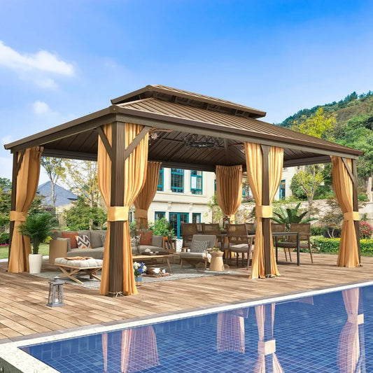 Hardtop Gazebo Aluminum Frame with Galvanized Steel Double Roof Permanent Outdoor Metal Pavilion Includes Curtain and Netting
