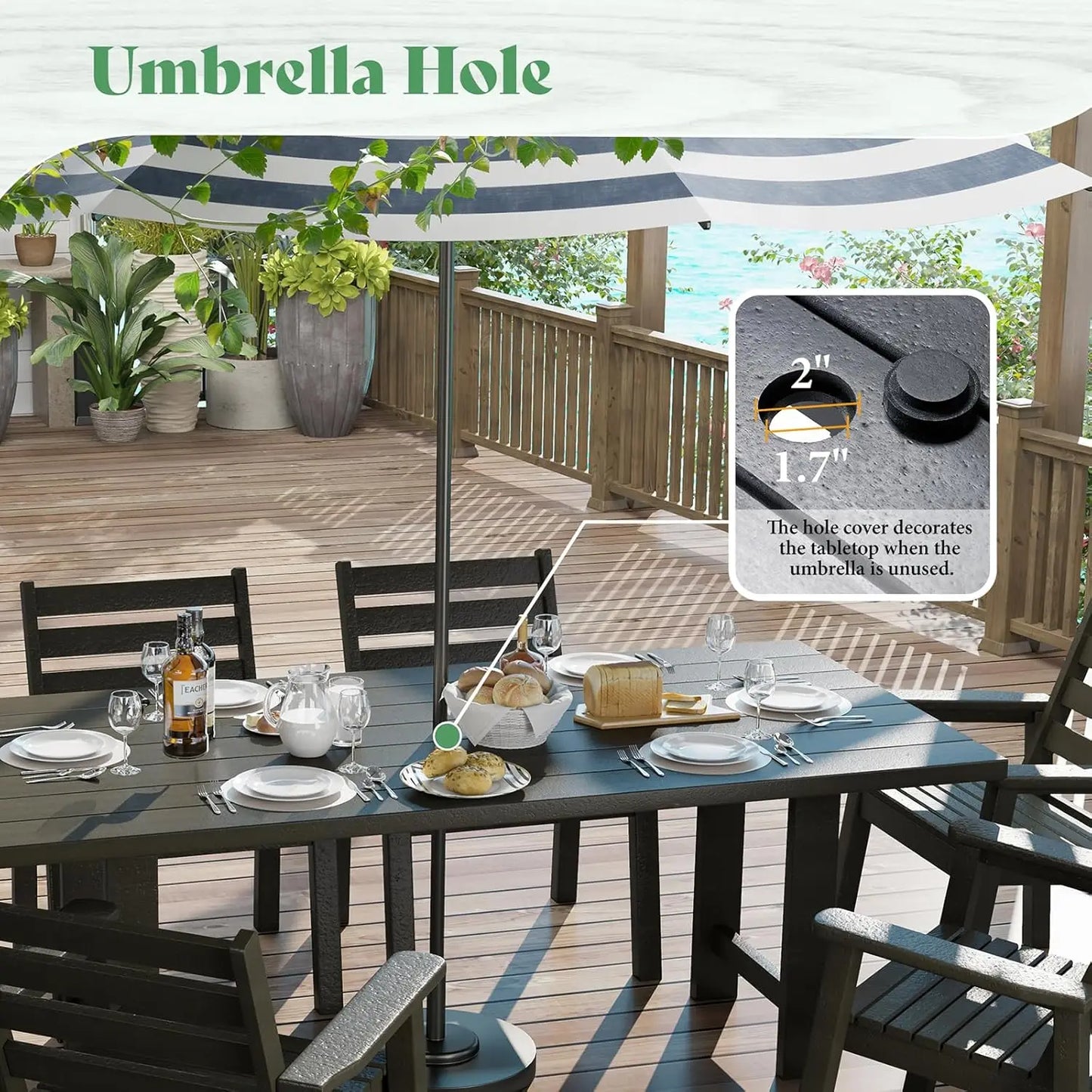 7-Piece HDPE Outdoor Dining Set with Umbrella Hole, 71" L Patio Table and Chairs Set for 6, Modern Garden Dining Set for Backyar