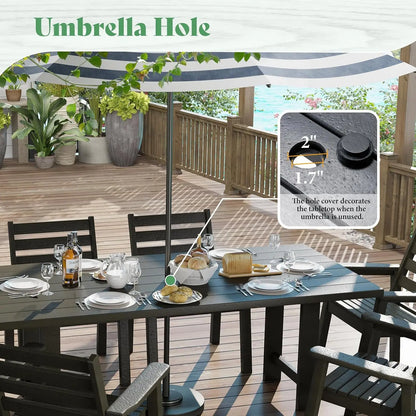 7-Piece HDPE Outdoor Dining Set with Umbrella Hole, 71" L Patio Table and Chairs Set for 6, Modern Garden Dining Set for Backyar