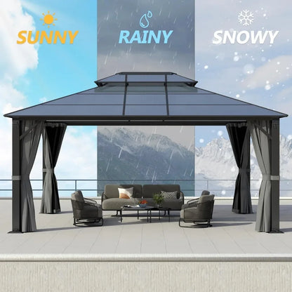 12-Foot x 16-Foot - POLYCARBONATE HARDTOP DOUBLE ROOF GAZEBO W/NETTING