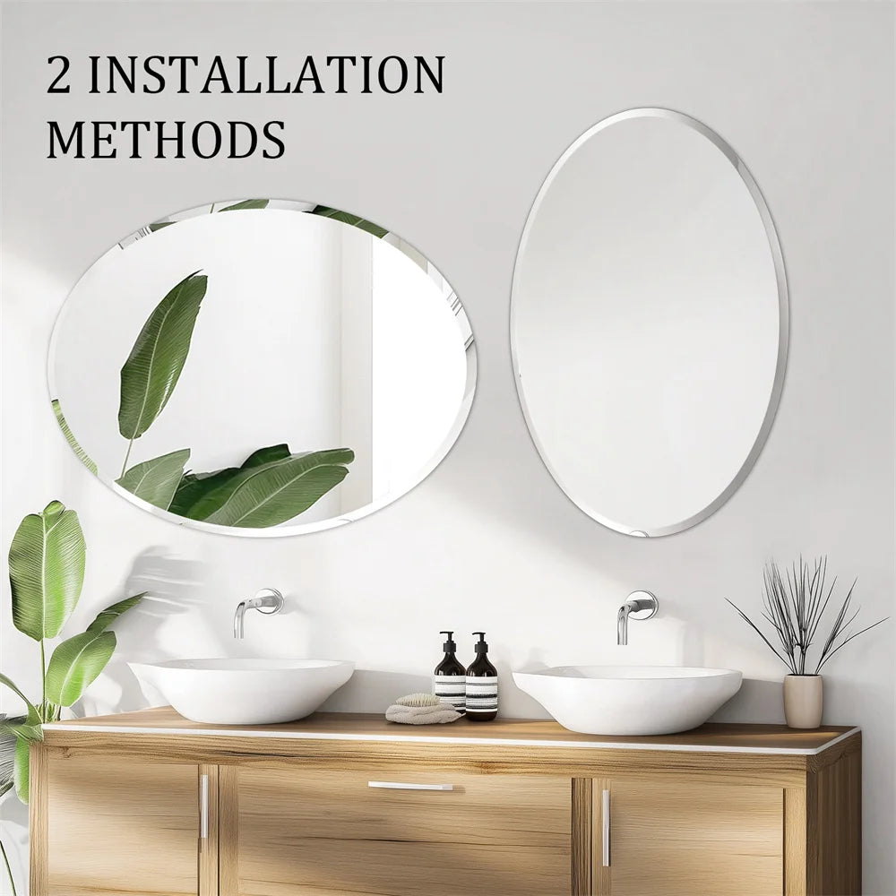 Frameless Silver Beveled Edge Oval Wall Mirror
