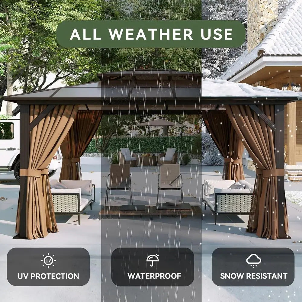 10-Foot x 12-Foot - Outdoor Brown Poly Pavilion W/Curtains & Netting