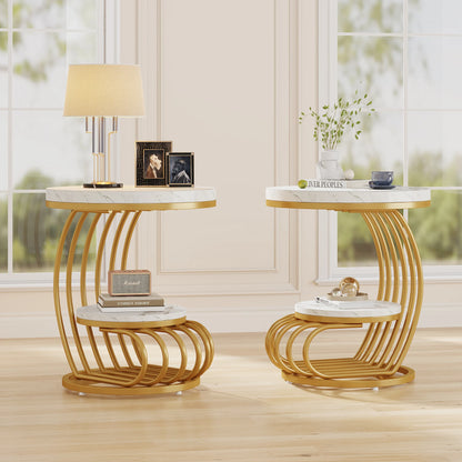 2-Tiers - GOLD FRAME ROUND WHITE FAUX MARBLE TOP