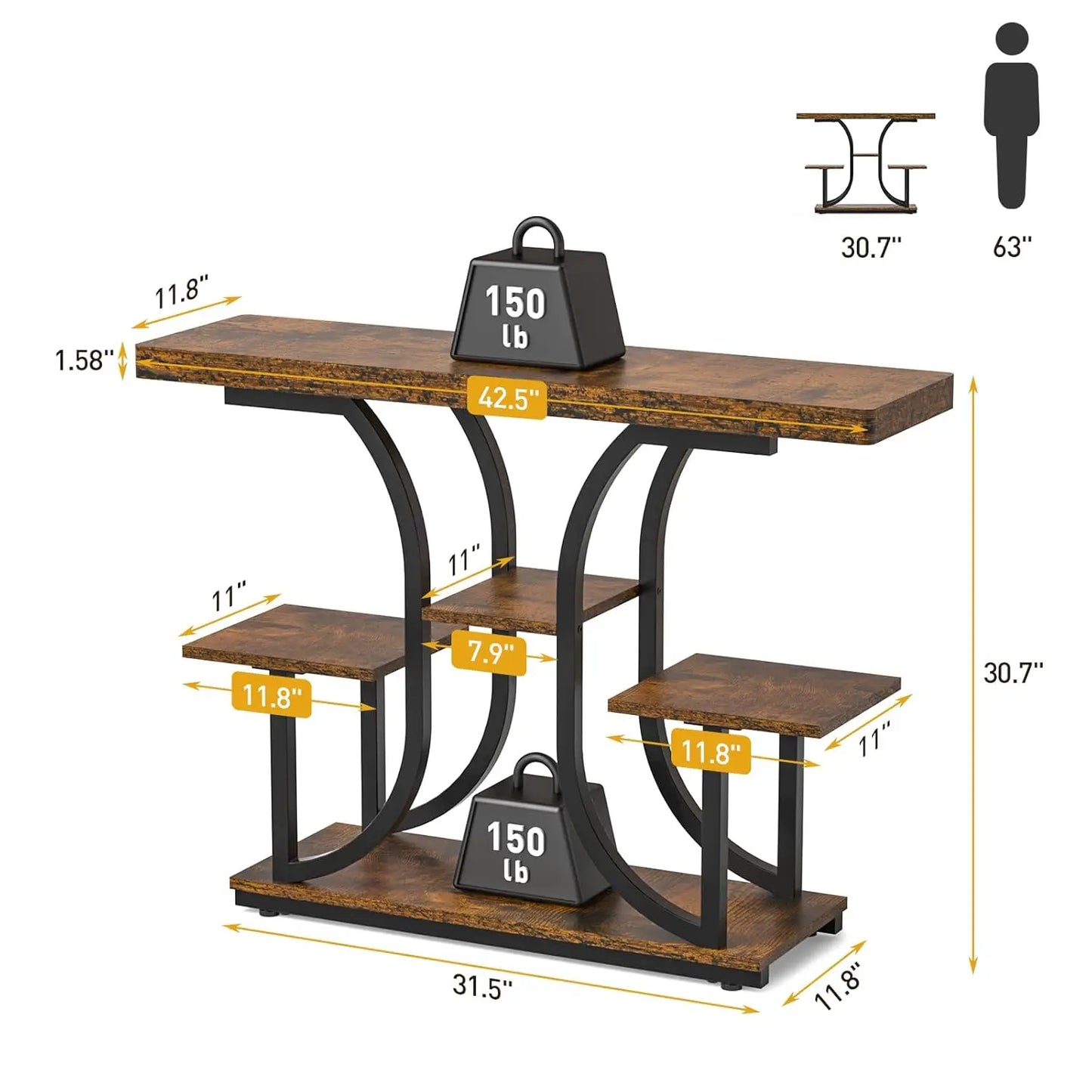 42.5", 5-Tier - RUSTIC CONSOLE ACCENT TABLE W/STORAGE SHELF