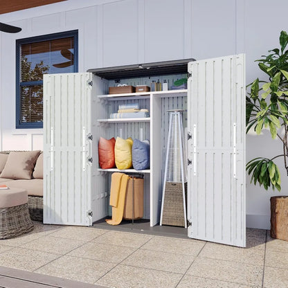 51.96in x 74.8in x 28.34in - RESIN OUTDOOR STORAGE SHED W/METAL SHELF & FLOOR KIT