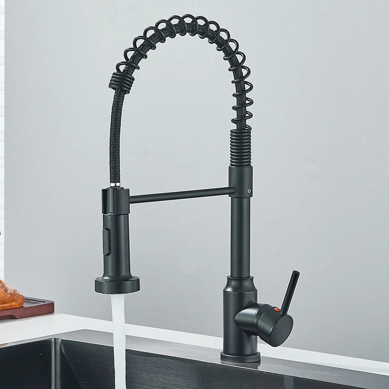 Black Flexible Kitchen Faucet Pull Down Spring Nozzle