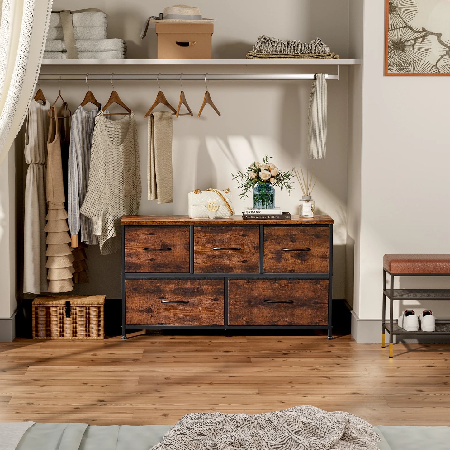 5-FABRIC DRAWERS DISPLAY WARDROBE W/STEEL FRAME STORAGE DRESSER