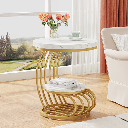 2-Tiers - GOLD FRAME ROUND WHITE FAUX MARBLE TOP