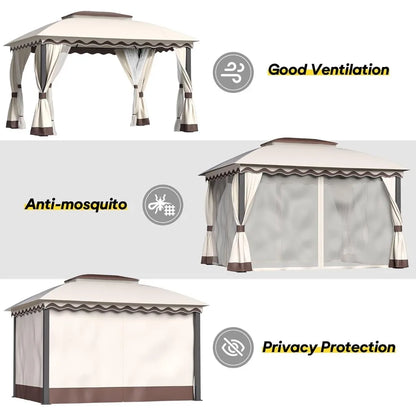 10ft ×13ft -  DOUBLE ROOF STEEL OUTDOOR GAZEBO W/MOSQUITO NETTING