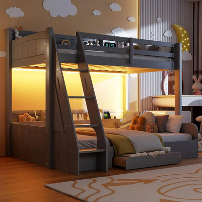 Twin Over Full Bunk Bed with Storage Shelves LED Charging Station & Drawer Solid Wood for Kids Teens Adults White, Customized