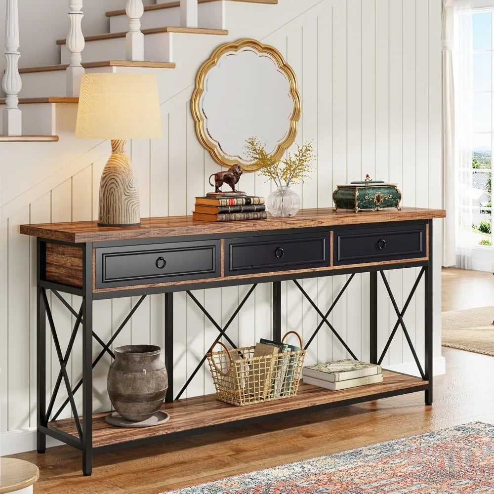 34.65in x 70.86in - EXTRA LONG FARMHOUSE STYLE CONSOLE TABLE, W/3-DRAWERS