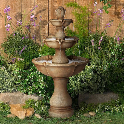 23in x 23in x 43in - 3-TIER RUSTIC RESIN OUTDOOR WATER FOUNTAIN W/LED LIGHT