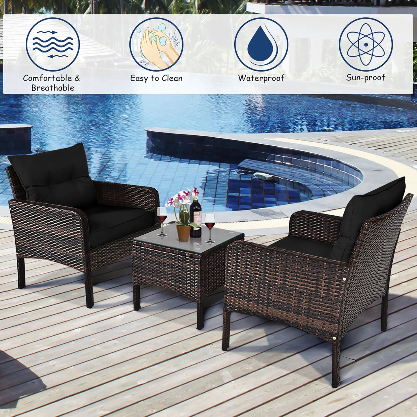 3pcs - OUTDOOR RATTAN/WICKER PATIO FURNITURE W/CUSHIONS