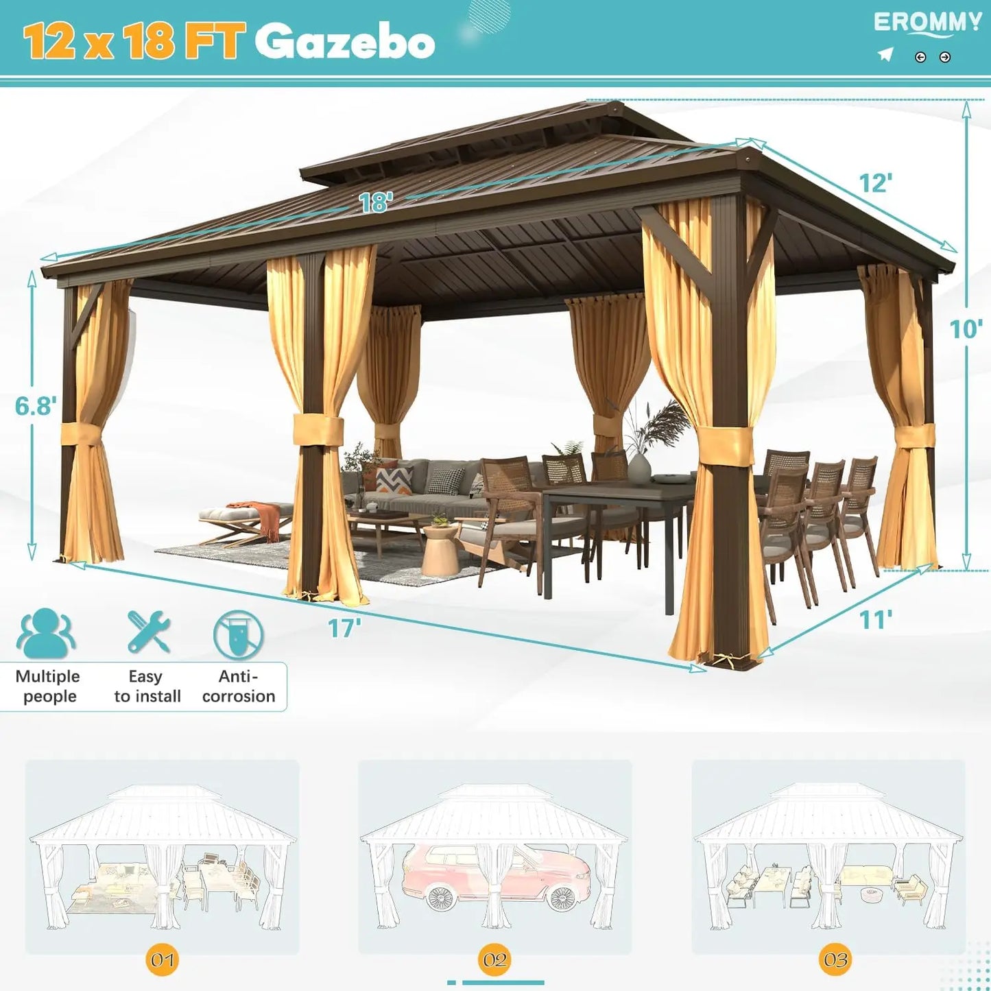 12-Ft x 18-Ft - Permanent  Gazebo w/Aluminum Frame & Galvanized Steel Double Roof