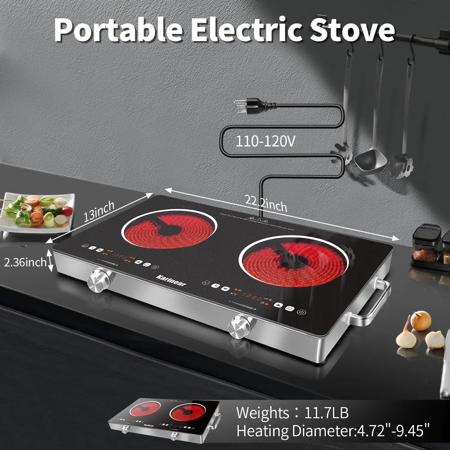 56cm, 240 Volts - Countertop Ceramic Electric Hob 2-Zones, 3200W Plug-in W/Safety Lock