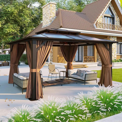 10-Foot x 12-Foot - Outdoor Brown Poly Pavilion W/Curtains & Netting