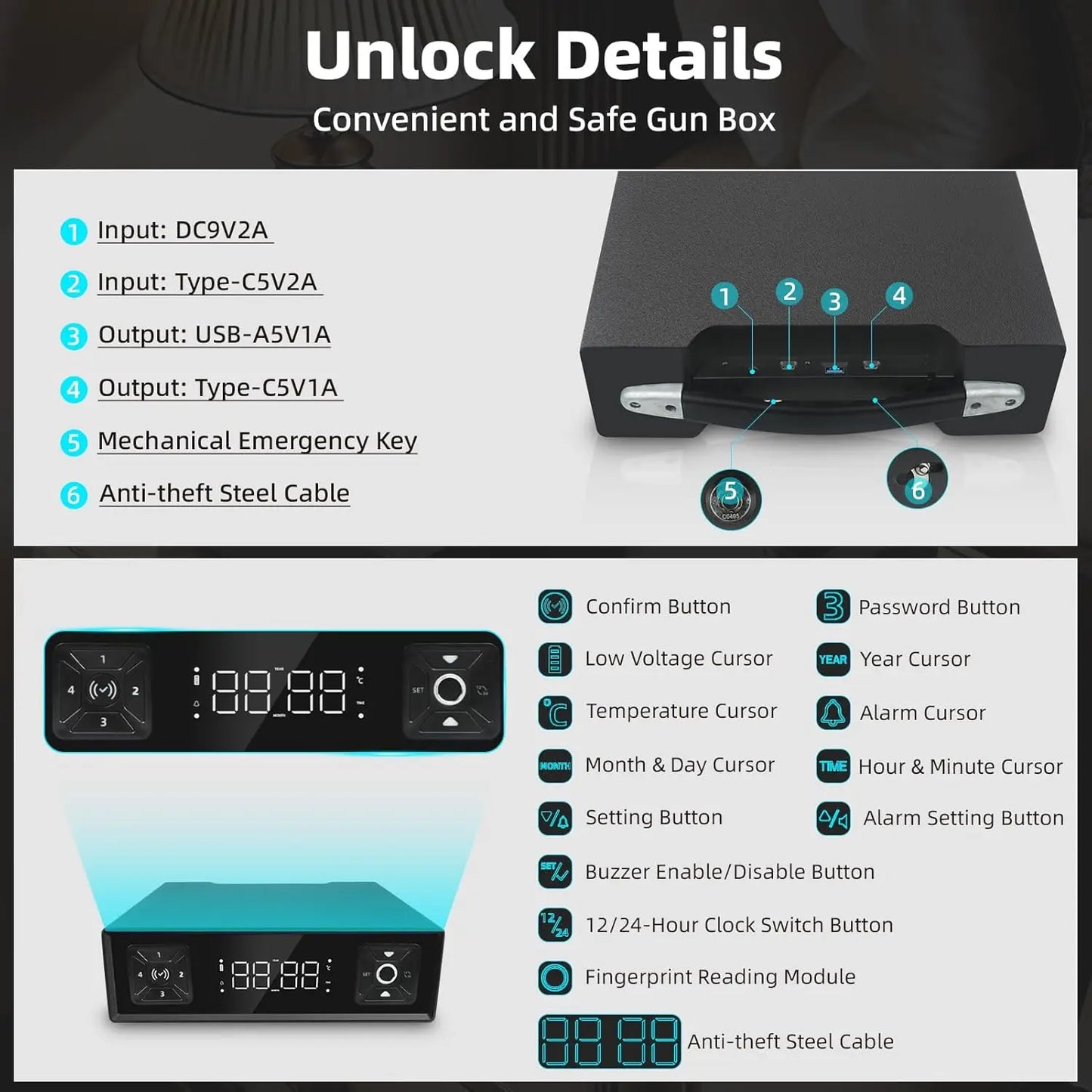 BIOMETRIC QUICK ENTRY GUN SAFE BOXES CLOCK