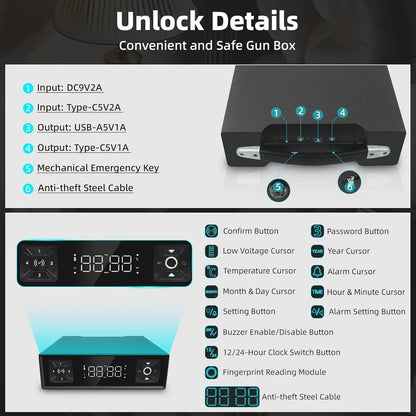 BIOMETRIC QUICK ENTRY GUN SAFE BOXES CLOCK