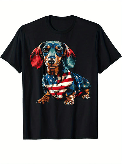 MENS DACHSHUND 4TH OF JULY FLAG COTTON T-SHIRTS