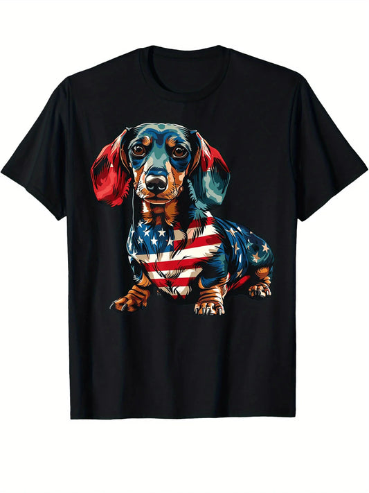 MENS DACHSHUND 4TH OF JULY FLAG COTTON T-SHIRTS