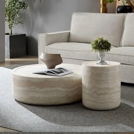 Set of 2 - ROUND TEXTURED TRAVERTINE ACCENT TABLES