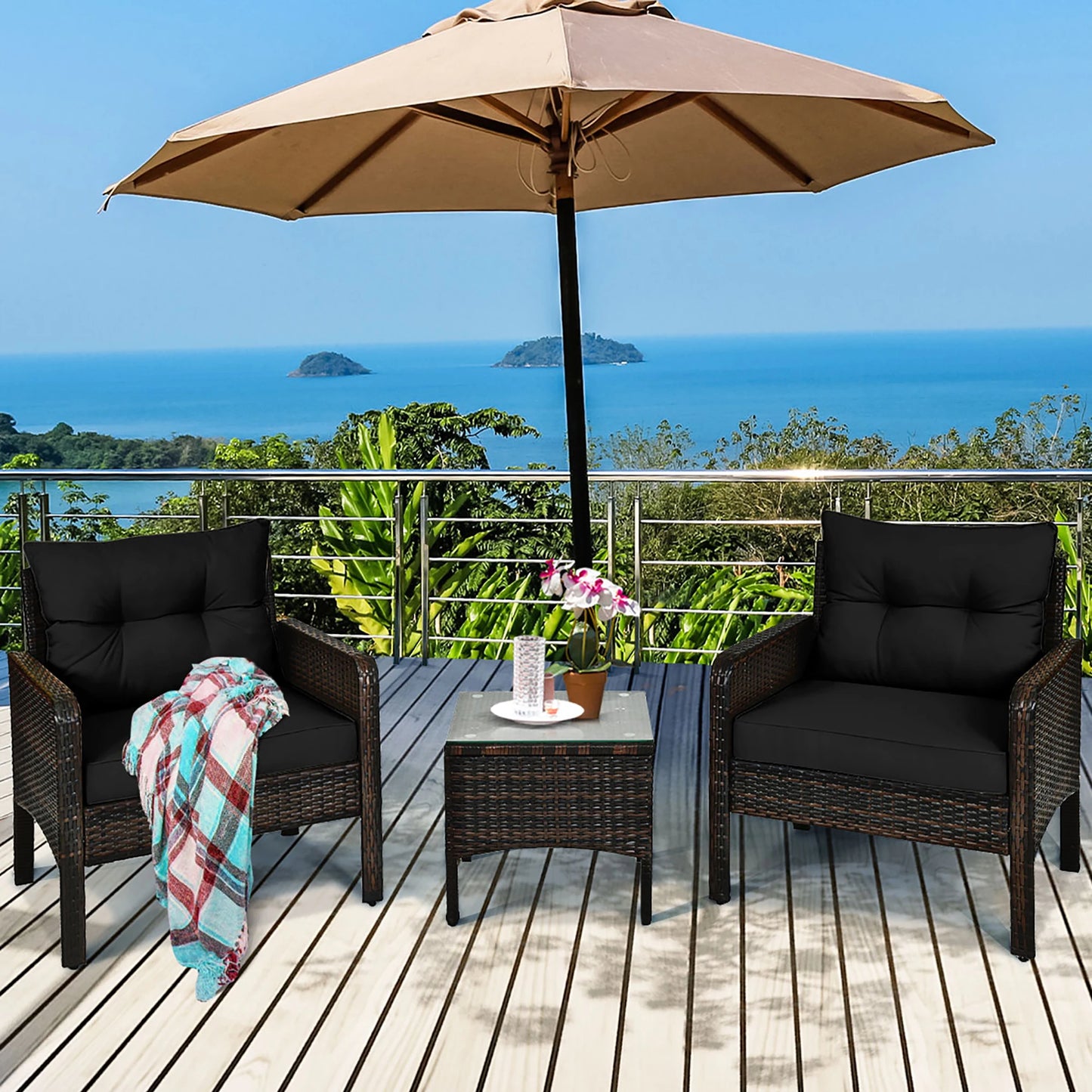 3pcs - OUTDOOR RATTAN/WICKER PATIO FURNITURE W/CUSHIONS