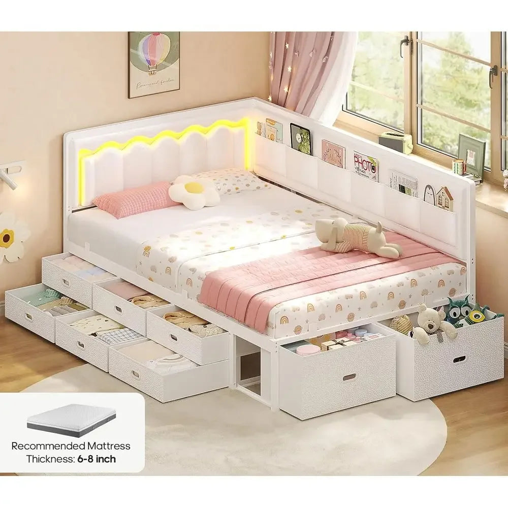 White Twin Bed, 8-Drawers, 6-Storage Pockets, Daybed w/Storage
