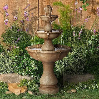 23in x 23in x 43in - 3-TIER RUSTIC RESIN OUTDOOR WATER FOUNTAIN W/LED LIGHT