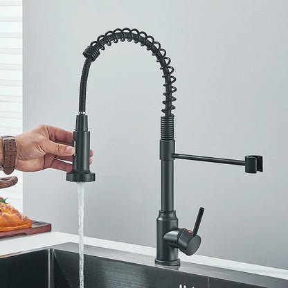 Black Flexible Kitchen Faucet Pull Down Spring Nozzle