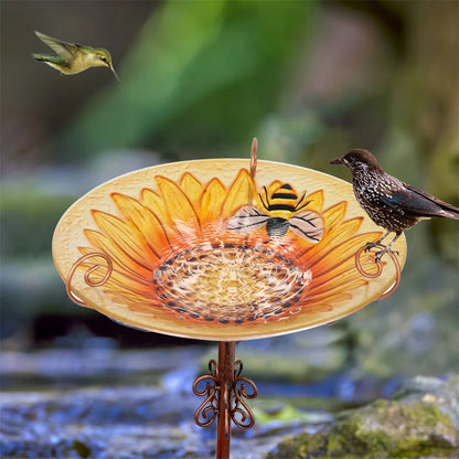 12.2in x 24.8in - GLASS BIRD BATH/FEEDER W/METAL STAKE