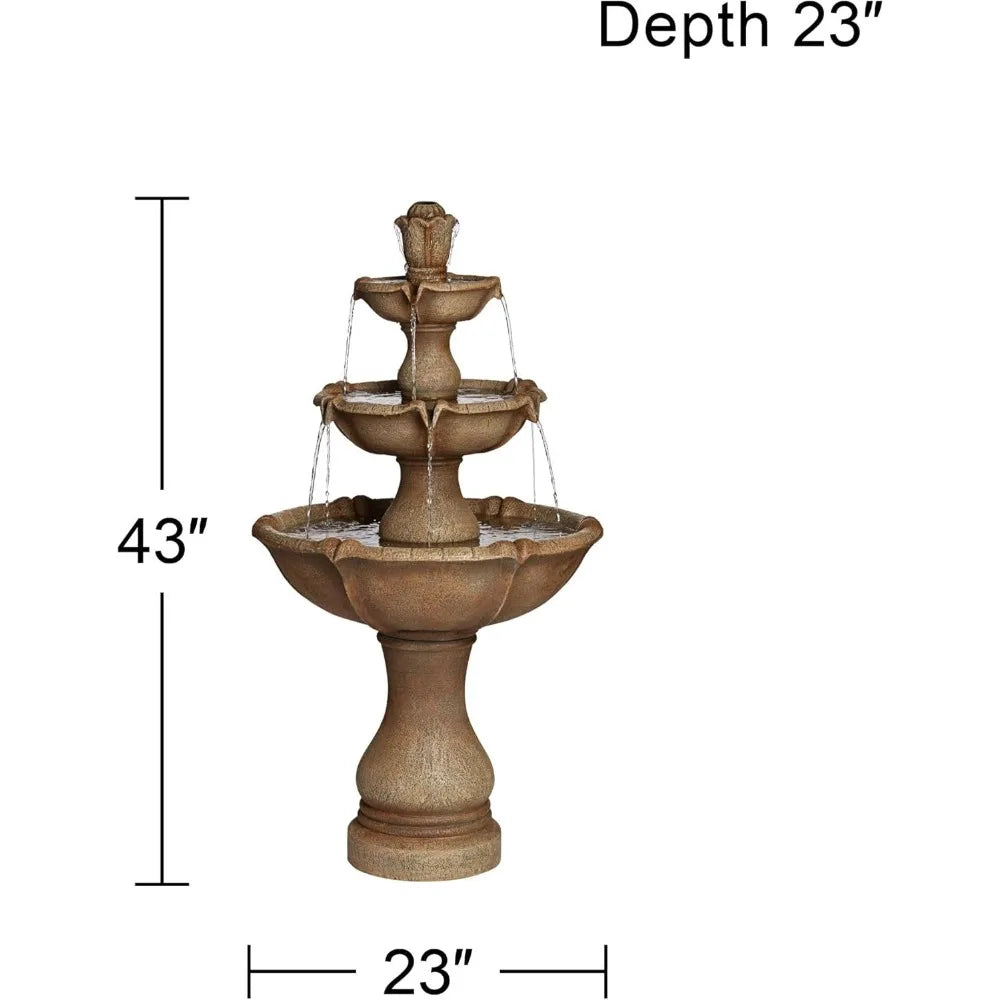 23in x 23in x 43in - 3-TIER RUSTIC RESIN OUTDOOR WATER FOUNTAIN W/LED LIGHT