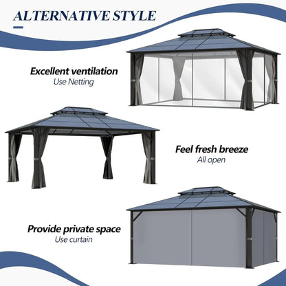 12-Foot x 16-Foot - POLYCARBONATE HARDTOP DOUBLE ROOF GAZEBO W/NETTING
