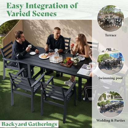 7-Piece HDPE Outdoor Dining Set with Umbrella Hole, 71" L Patio Table and Chairs Set for 6, Modern Garden Dining Set for Backyar