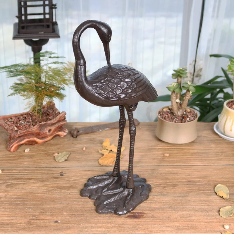 2 DESINS - ANTIQUE RUSTIC CAST IRON CRANE/HERON STATUE